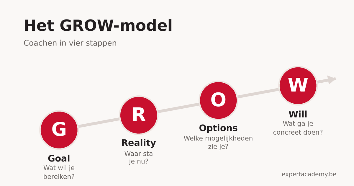 Het GROW-model: coachen in vier stappen, Goal, Reality, Options en Will